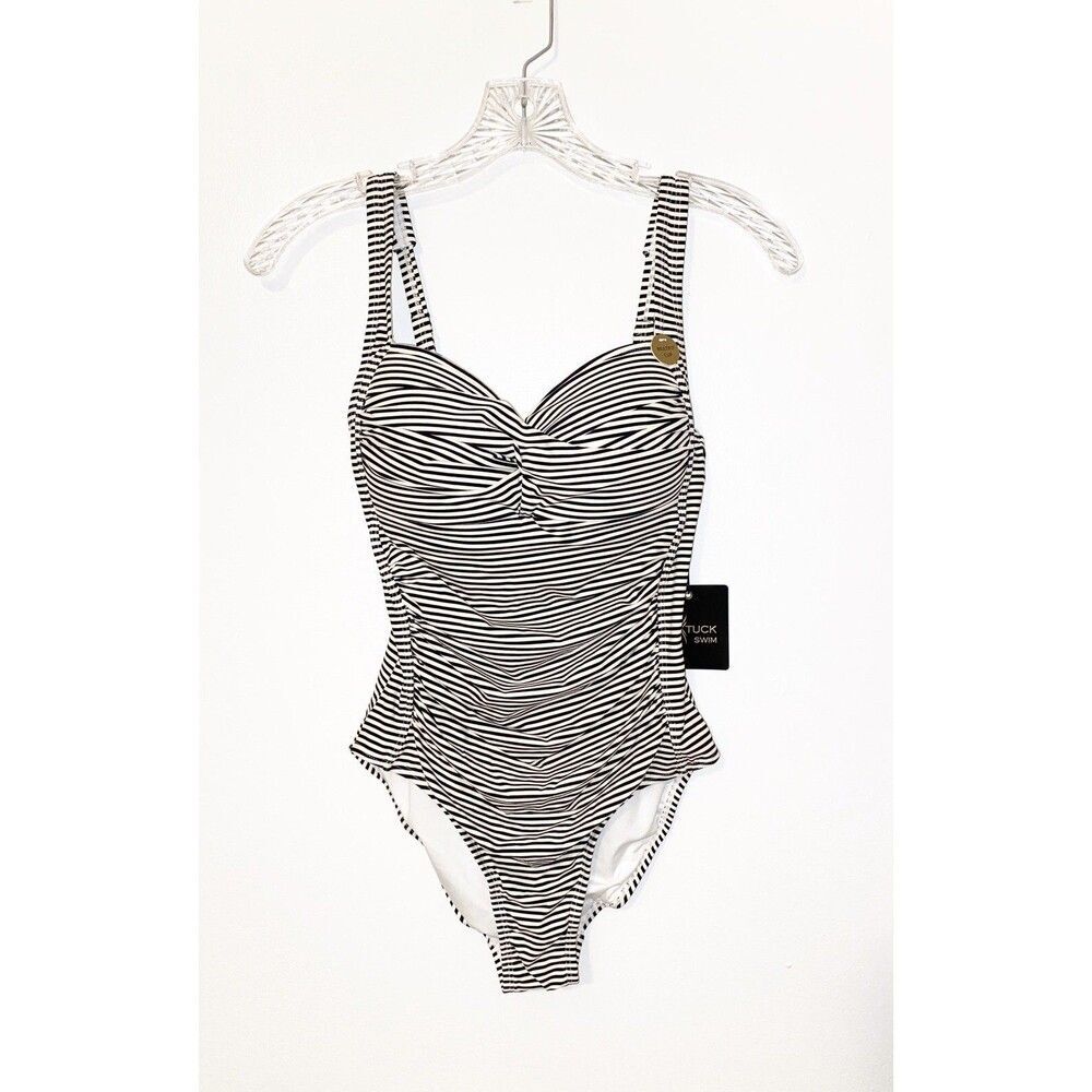 Nip Tuck Black and Ivory Striped Slimming One Piece Swimsuit Old Hollywood Sz 4